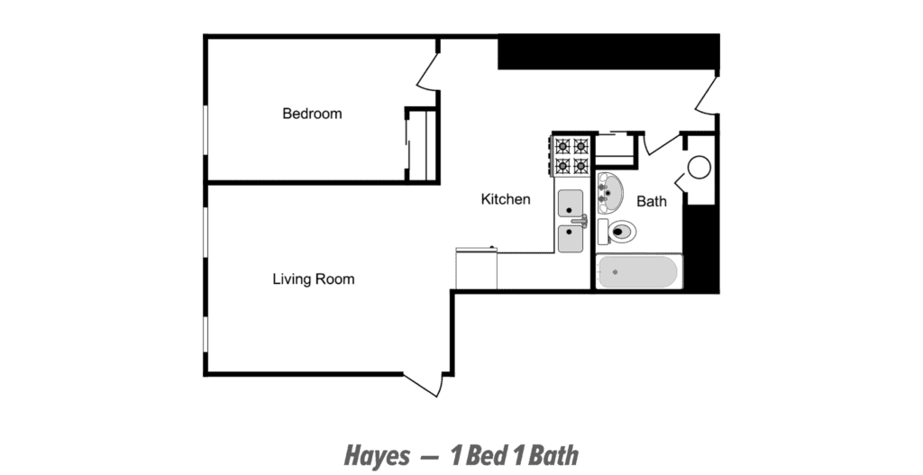 floor plan of 1 bed 1 bath apartment